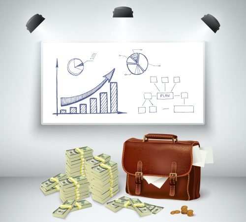 Realistic business financial template with leather briefcase money cash blackboard sketch diagram and spotlights isolated vector illustration